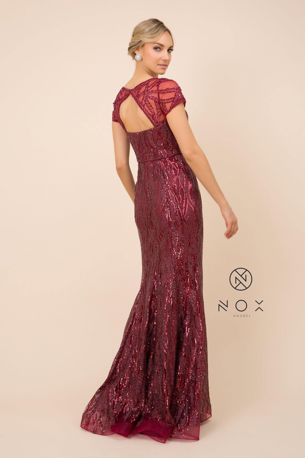 Long Prom Dress Sequin Print Trumpet Gown Burgundy