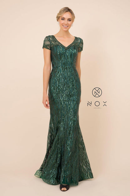 Long Prom Dress Sequin Print Trumpet Gown Emerald