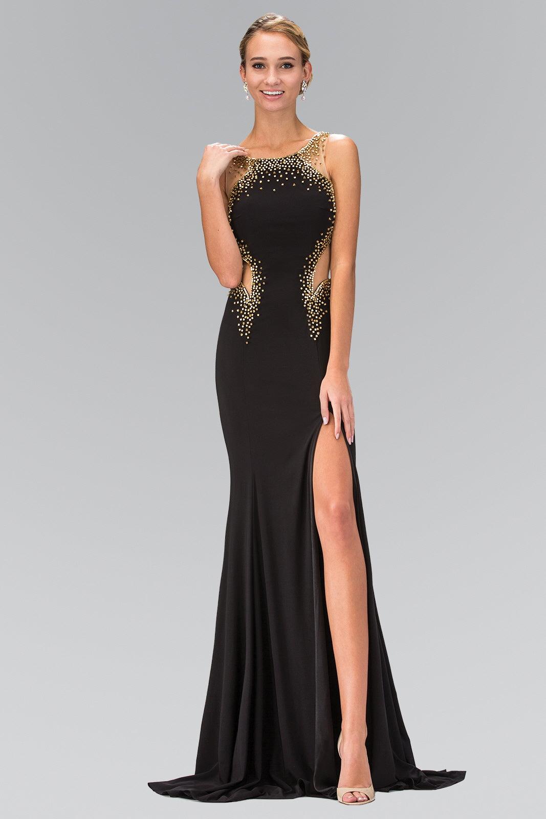 Long Prom Dress Accented with Gold Bead, Side Slit
