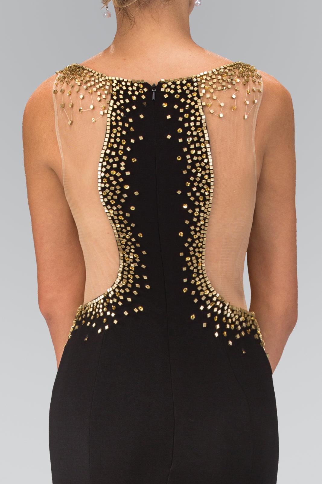 Long Prom Dress Accented with Gold Bead, Side Slit