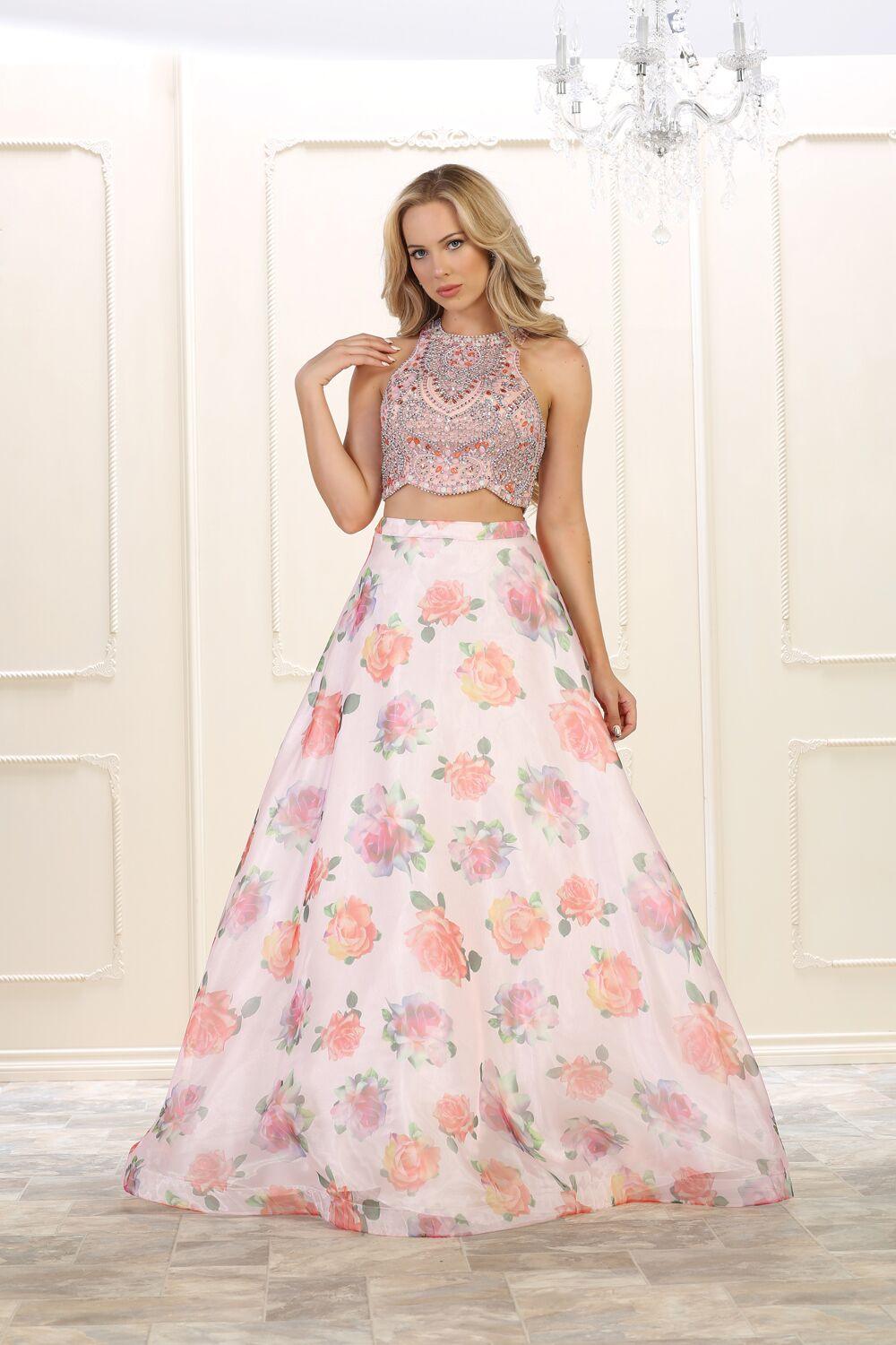 Long Prom Dress Two Piece Set Formal Floral Print Ball Gown - The Dress Outlet May Queen