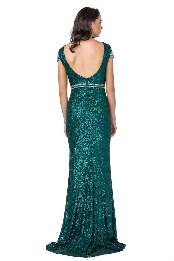 Long Prom Formal Beaded Cap Sleeves Evening Dress - The Dress Outlet
