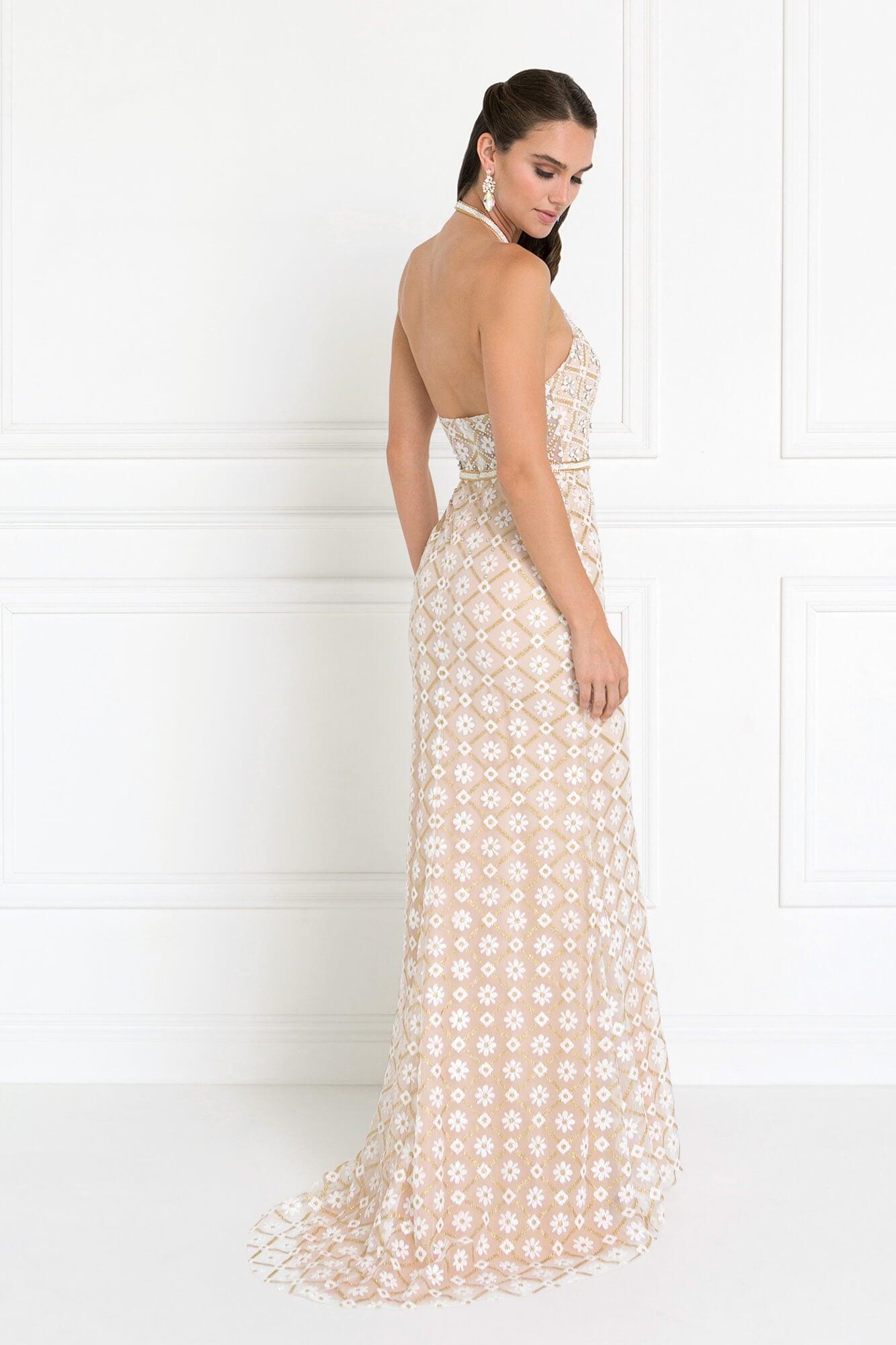Champagne Long Prom Formal Dress Halter Neck Evening Gown