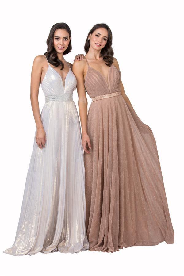 Long Prom Formal Pleated Metallic Evening Gown - The Dress Outlet