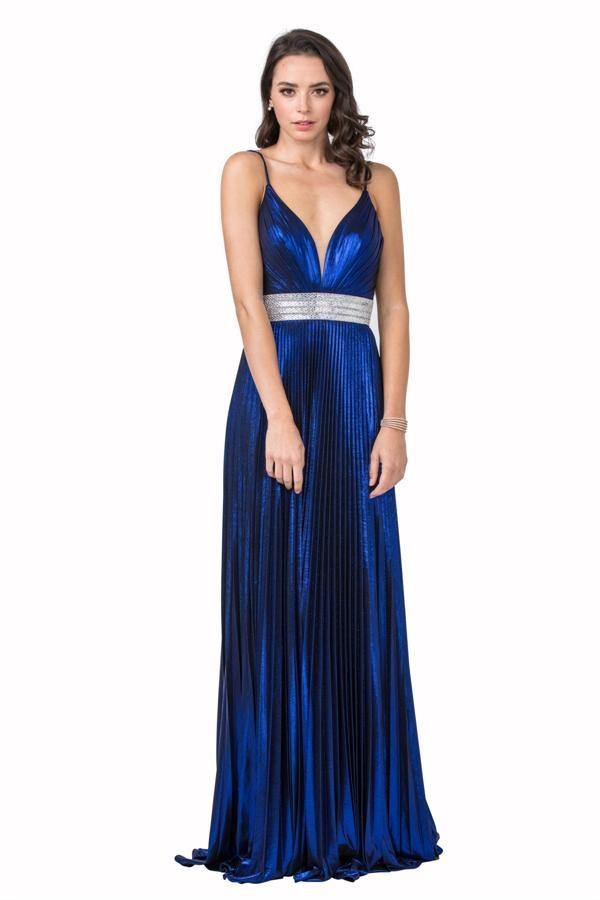 Long Prom Formal Pleated Metallic Evening Gown