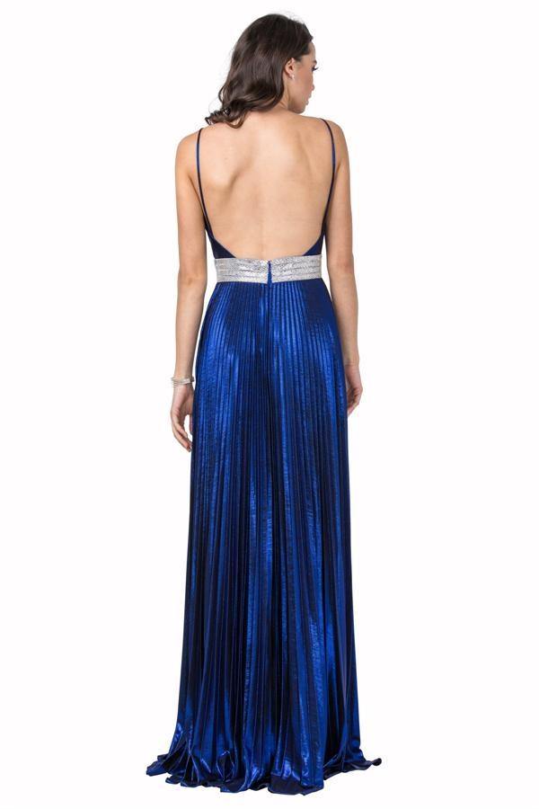 Long Prom Formal Pleated Metallic Evening Gown