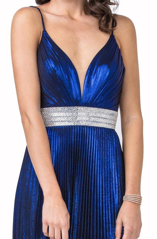 Long Prom Formal Pleated Metallic Evening Gown