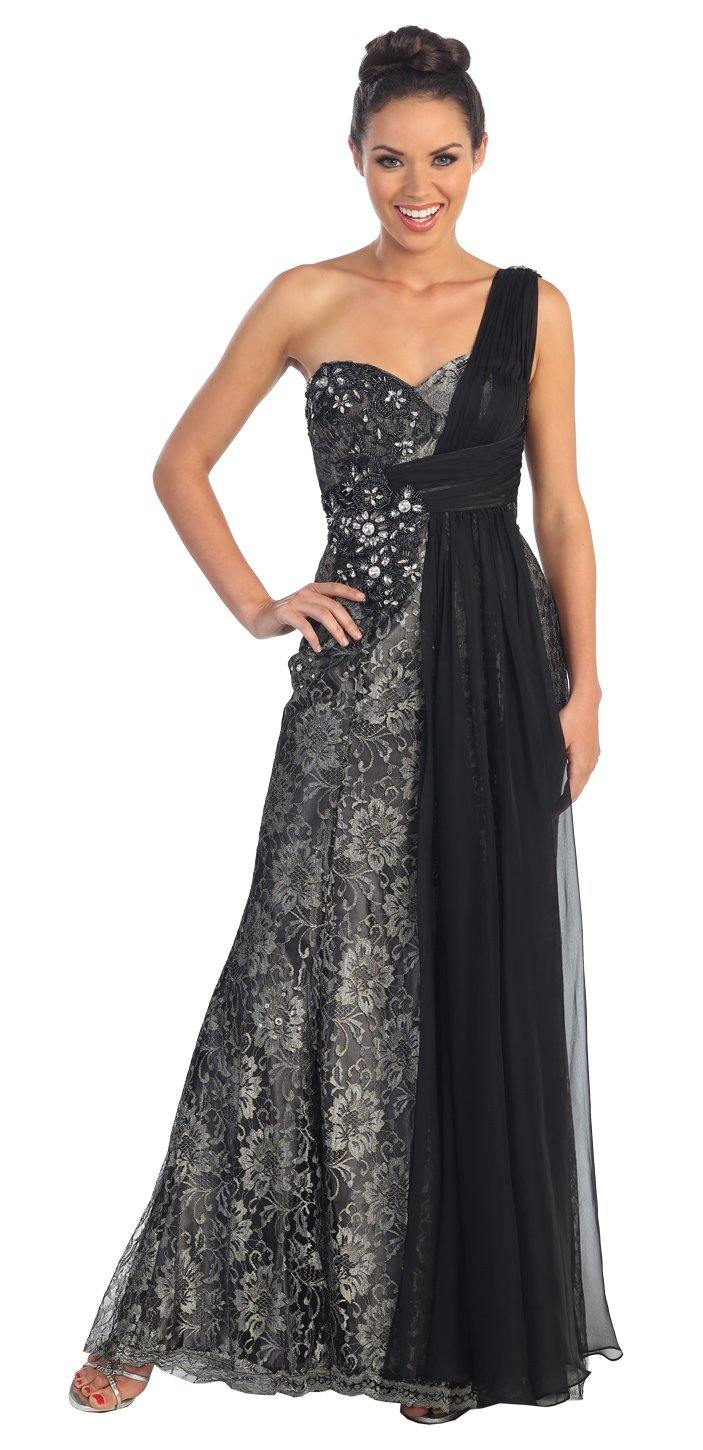 FuLL Length Lace and Chiffon Dresses Black