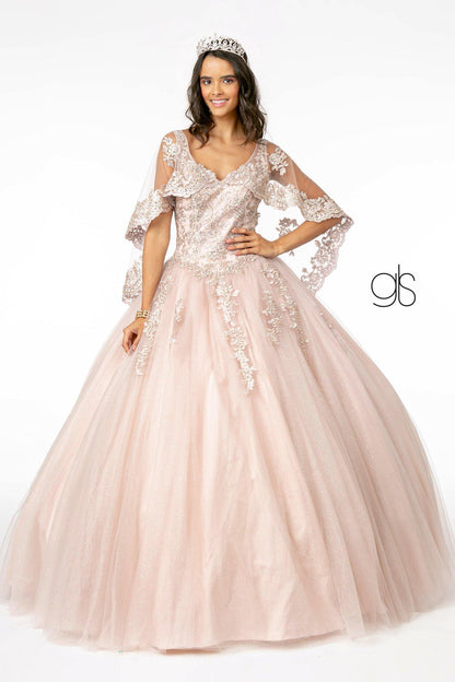 Long Quinceanera Glitter Mesh Ball Gown Cape Sleeve - The Dress Outlet Elizabeth K