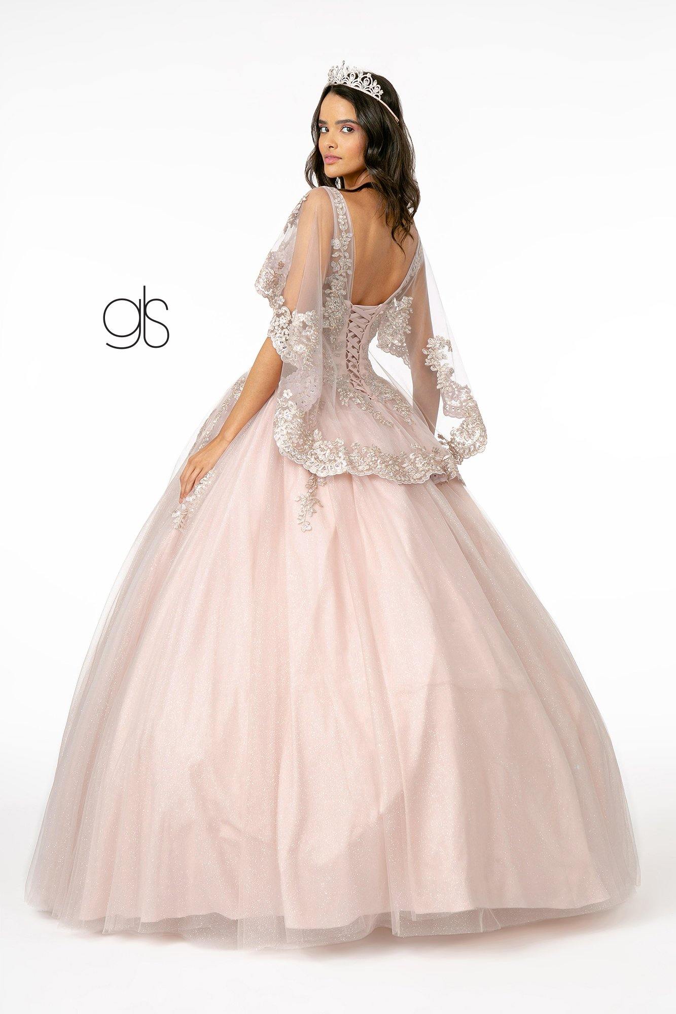 Long Quinceanera Glitter Mesh Ball Gown Cape Sleeve - The Dress Outlet Elizabeth K