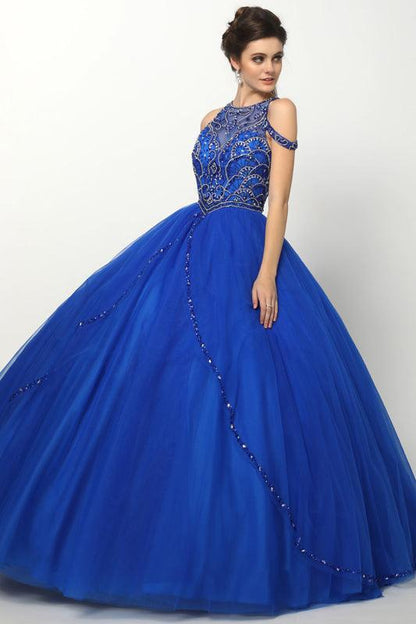 Long Quinceanera Off Shoulder Beaded Ball Gown - The Dress Outlet