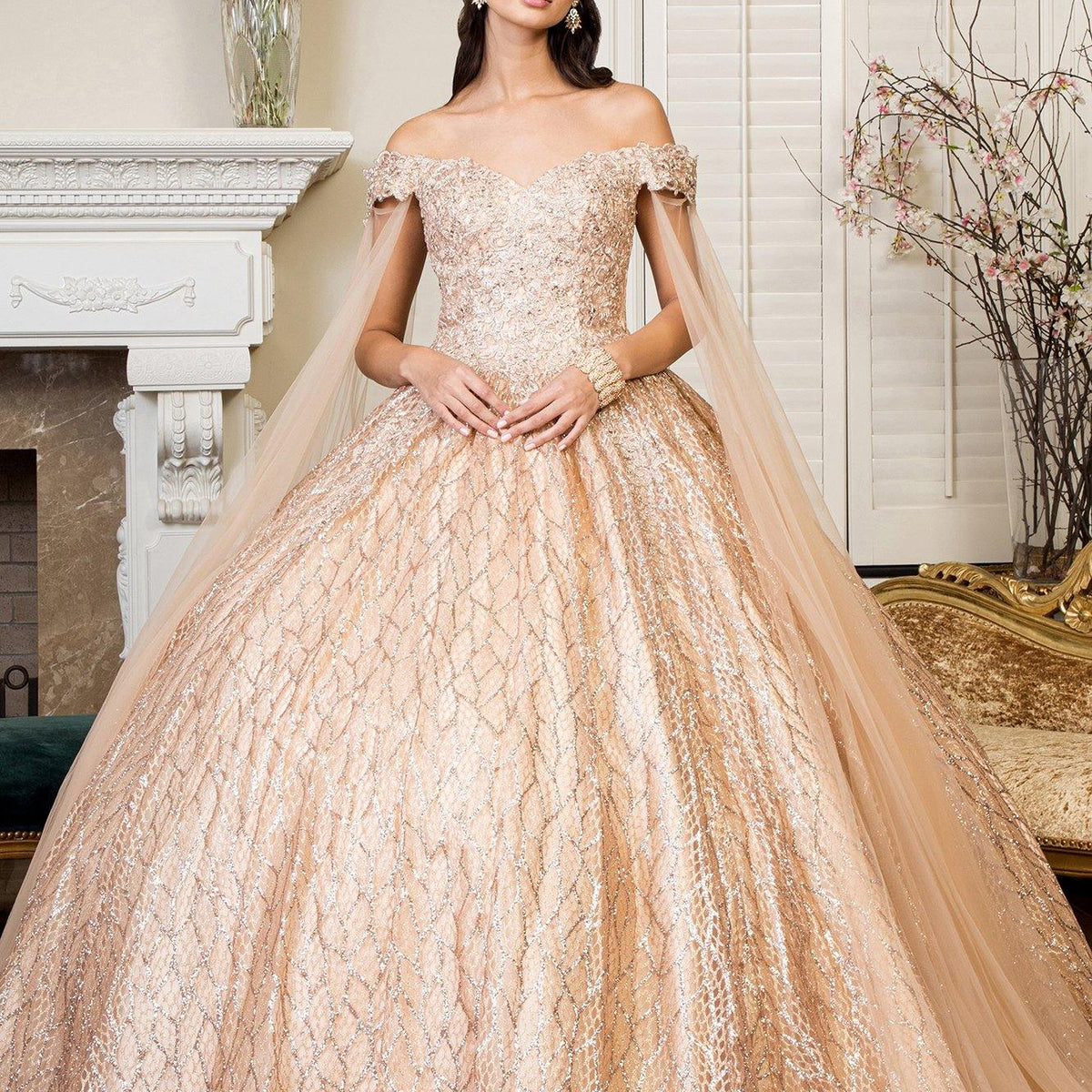 rose gold sweet 16 dresses Peach Tulle Beaded Long Evening Prom Dresses, Cheap Custom S SposaDresses while the lace Rose Gold Floral Quince Gown