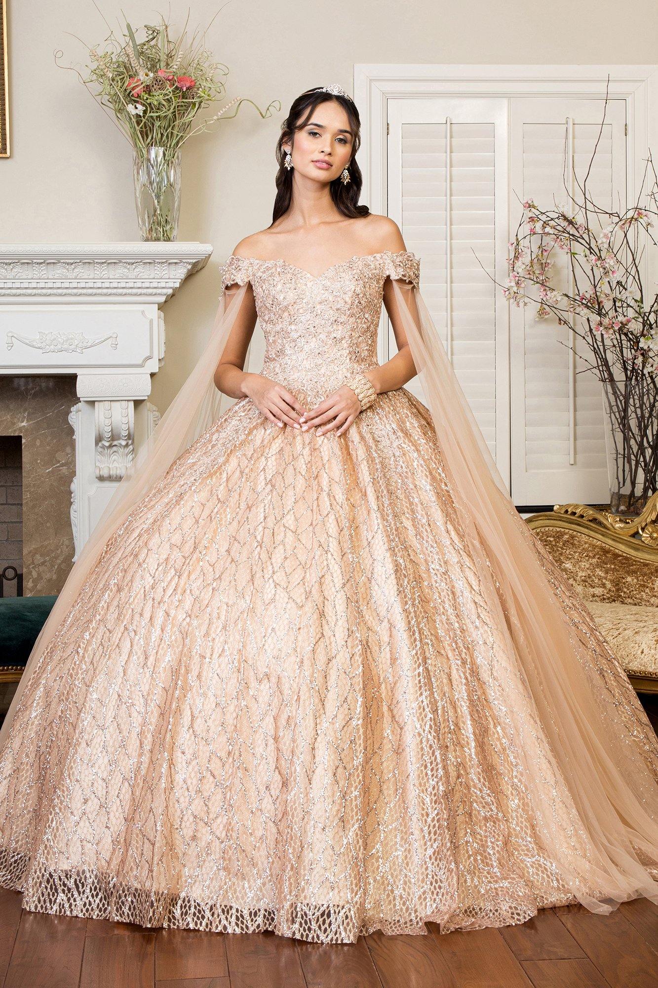 Long Quinceanera Off Shoulder Glitter Sweet 16 Gown - Gold / L Long Quinceanera Off Shoulder Glitter Sweet 16 Gown - Gold / L