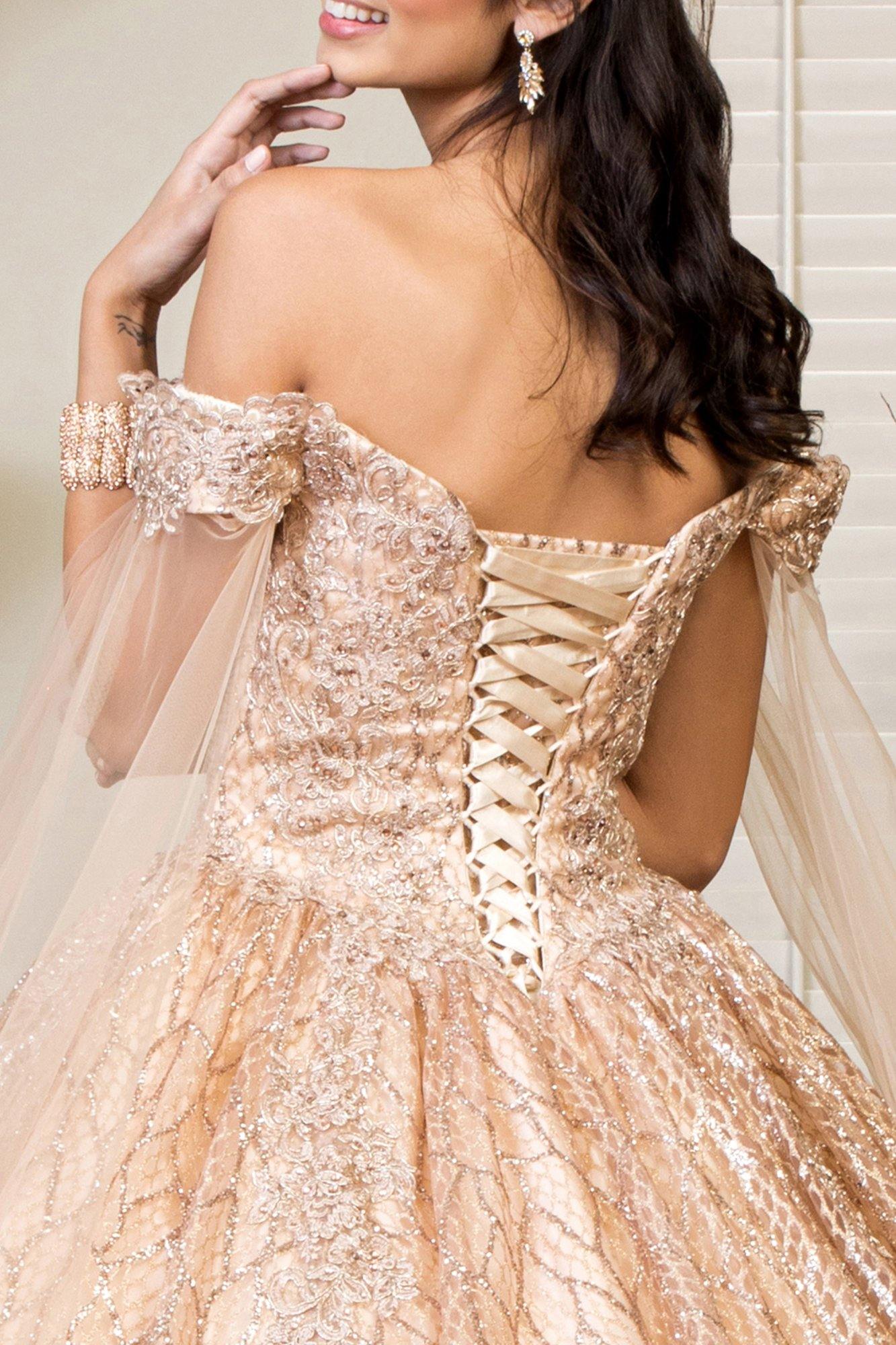 Long Quinceanera Off Shoulder Glitter Sweet 16 Gown - The Dress Outlet
