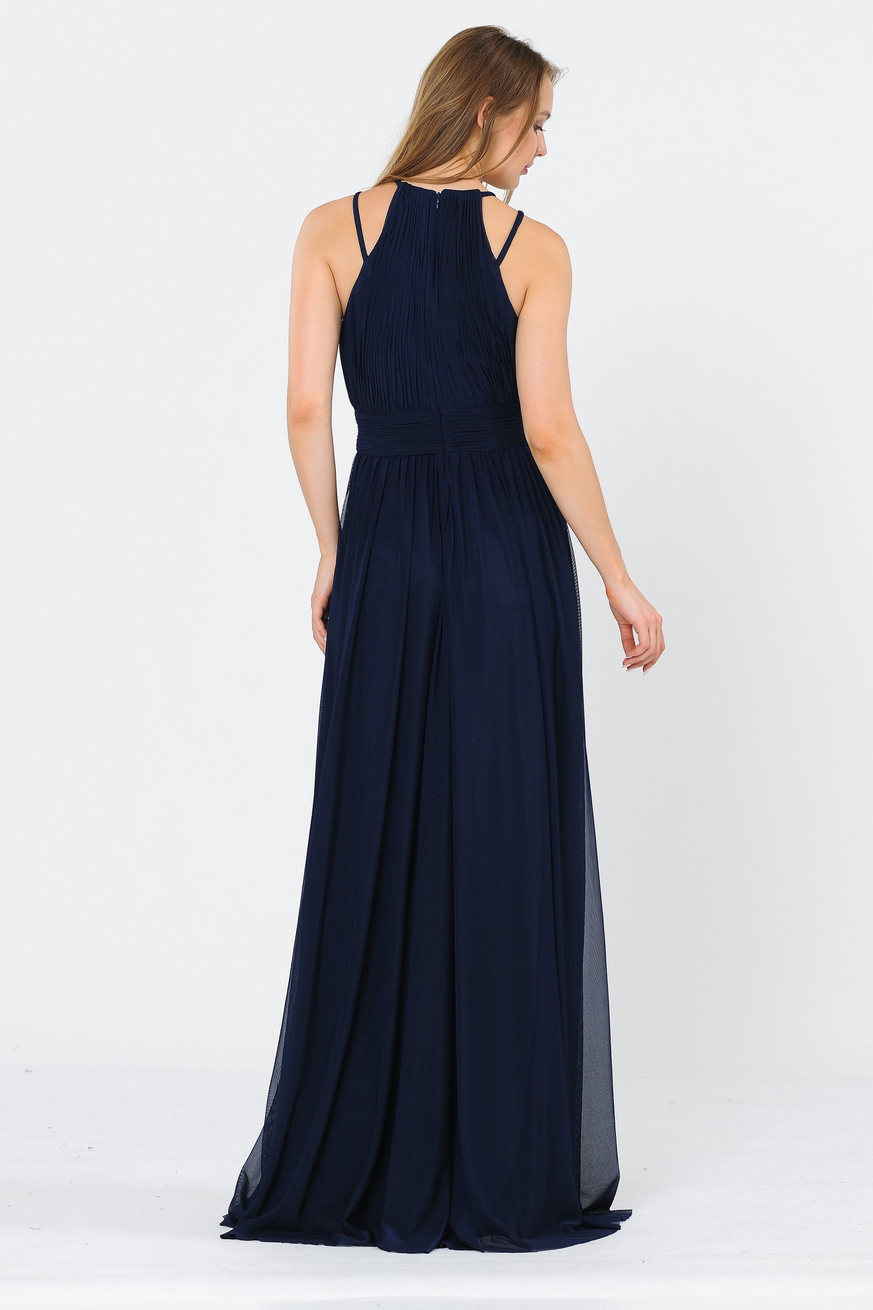 Navy Halter Floor-Length Ruched Chiffon Formal Gown with Pleated Waistband Poly USA 8396