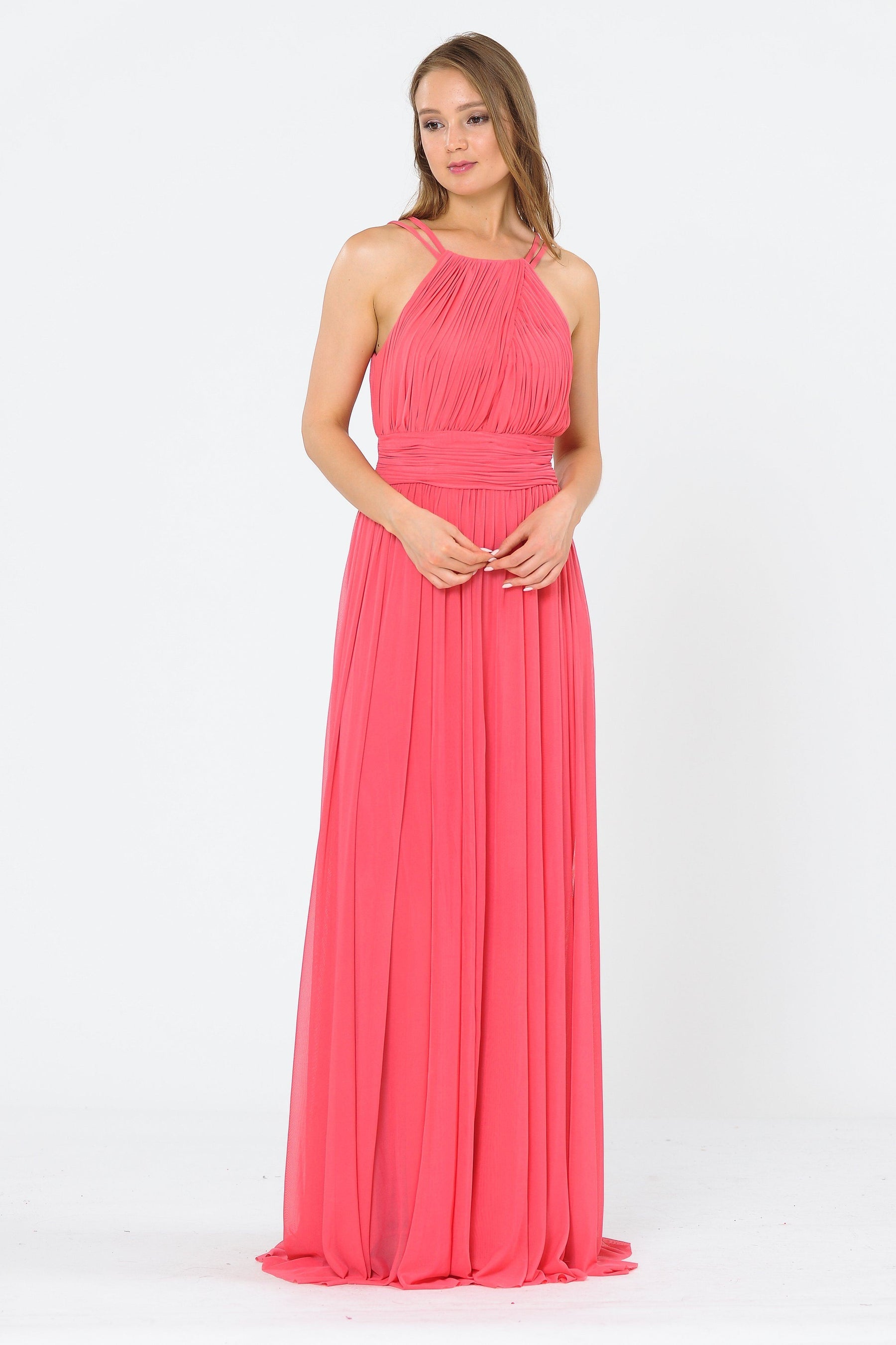 Coral Halter Floor-Length Ruched Chiffon Formal Gown with Pleated Waistband Poly USA 8396