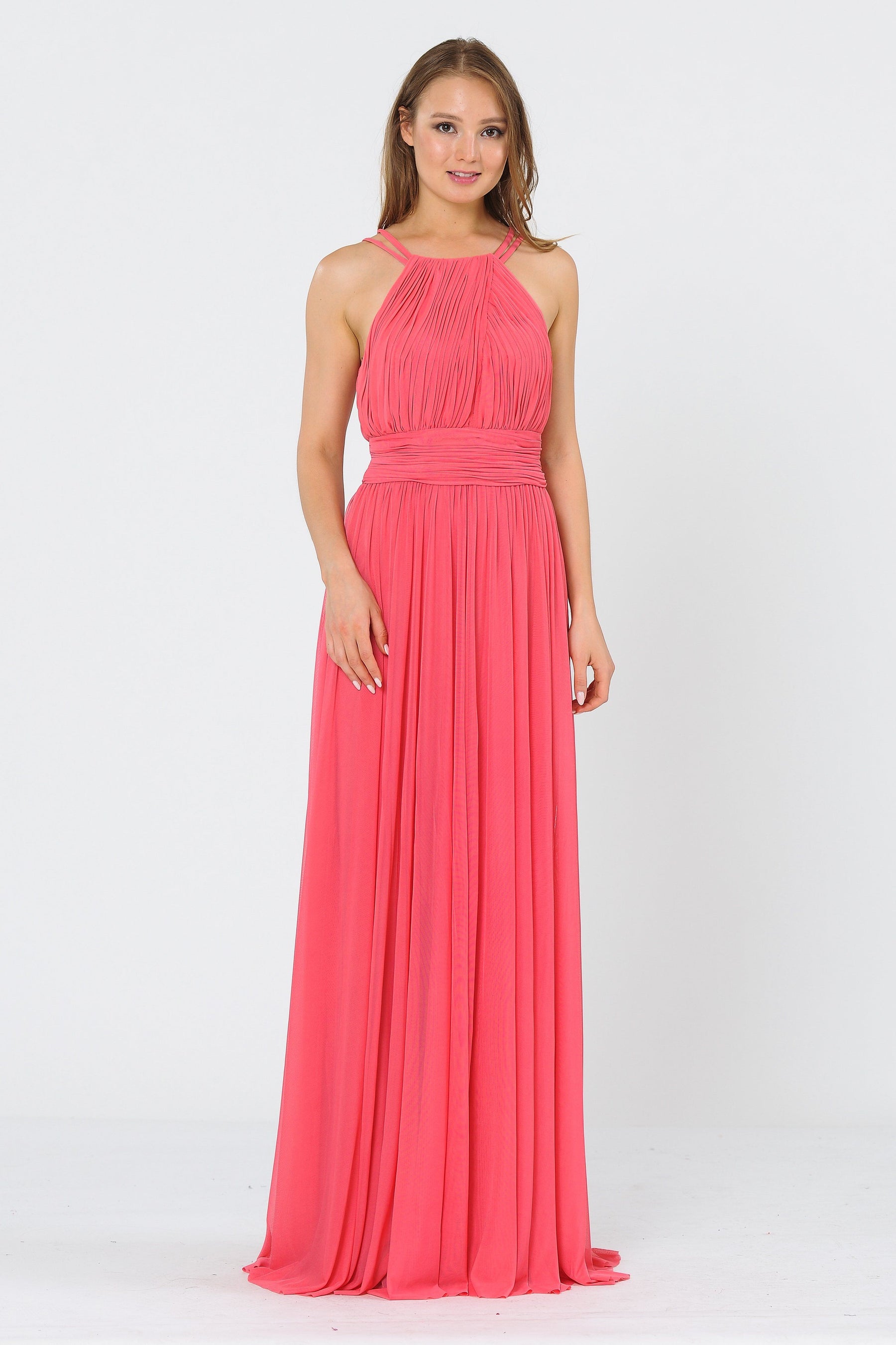 Coral Halter Floor-Length Ruched Chiffon Formal Gown with Pleated Waistband Poly USA 8396