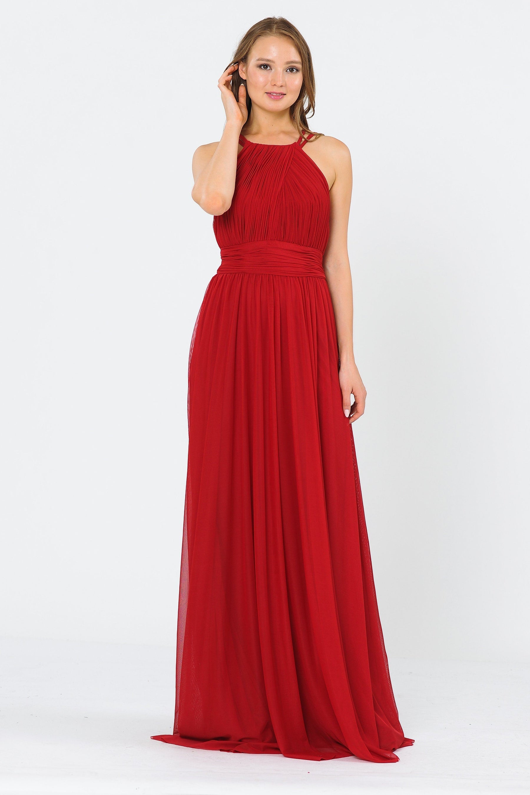 Dark Red Halter Floor-Length Ruched Chiffon Formal Gown with Pleated Waistband Poly USA 8396