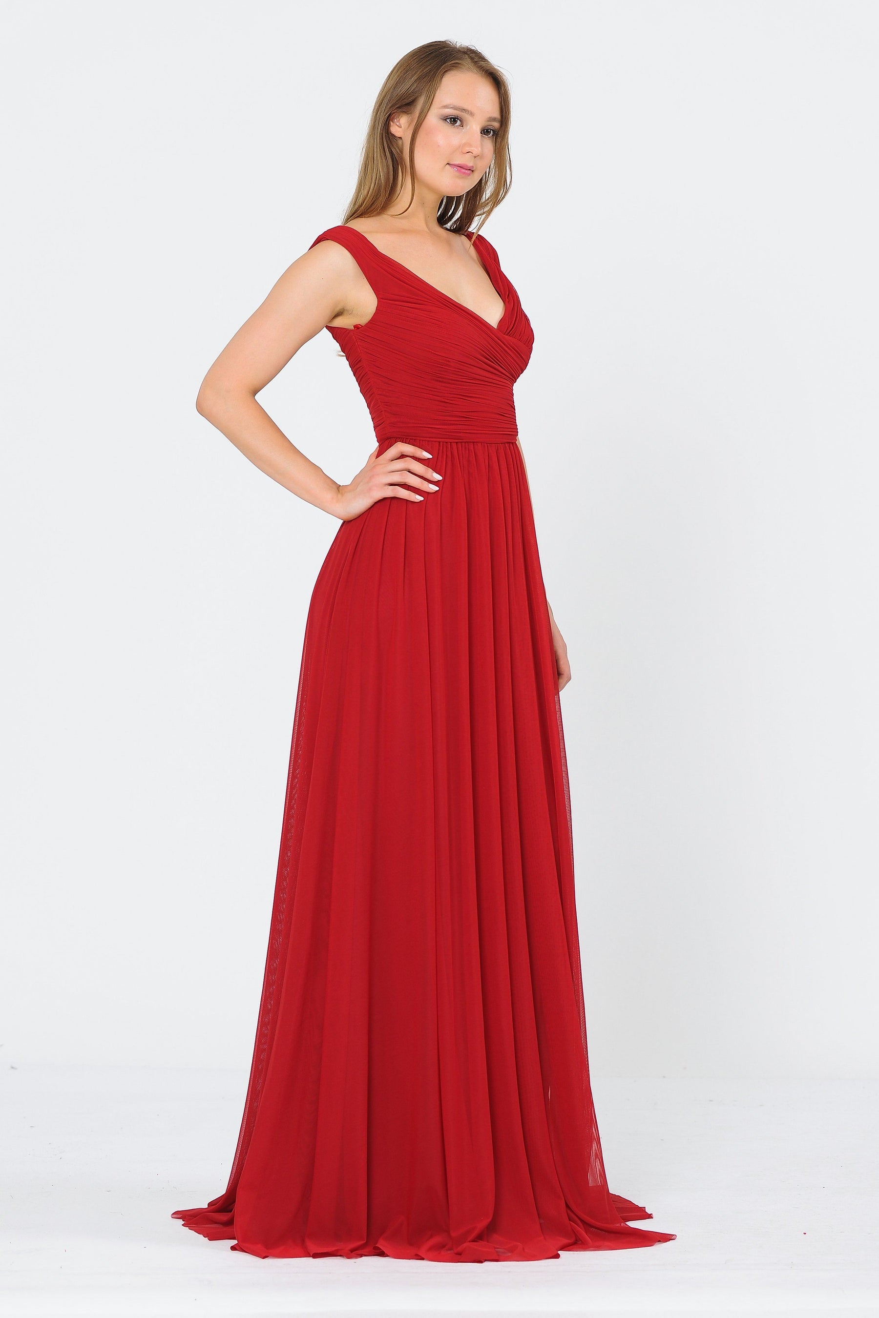 Dark Red Off-the-Shoulder Floor-Length Chiffon Formal Gown with Ruched Bodice Poly USA 8398