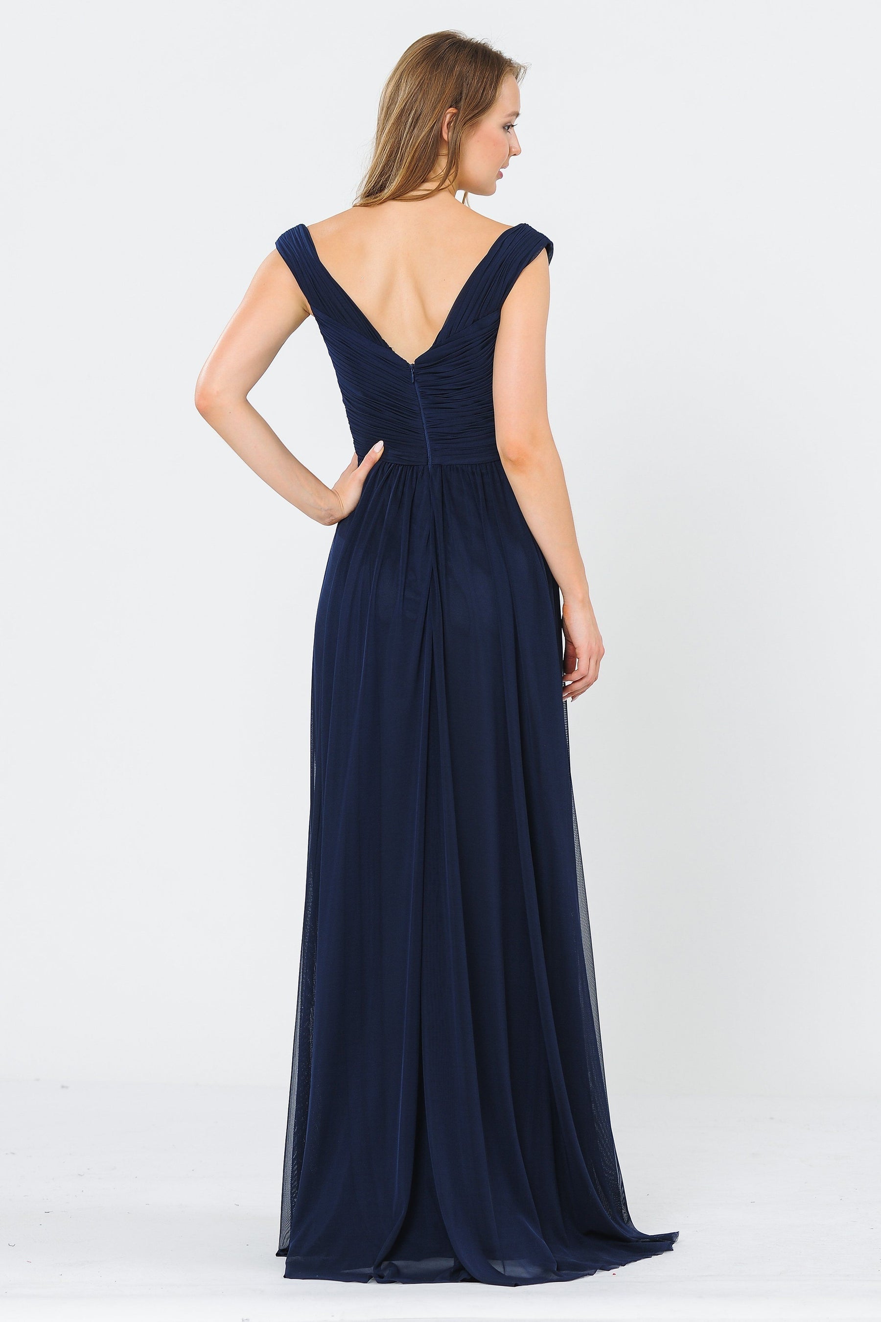 Navy Off-the-Shoulder Floor-Length Chiffon Formal Gown with Ruched Bodice Poly USA 8398