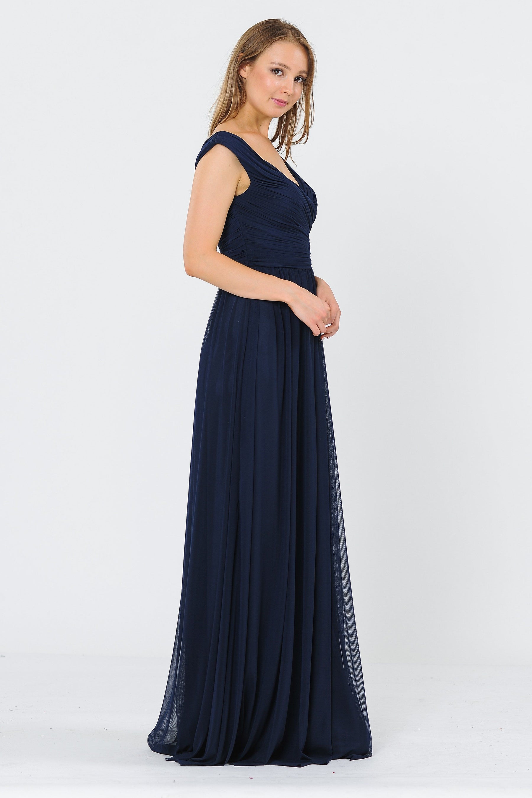 Navy Off-the-Shoulder Floor-Length Chiffon Formal Gown with Ruched Bodice Poly USA 8398