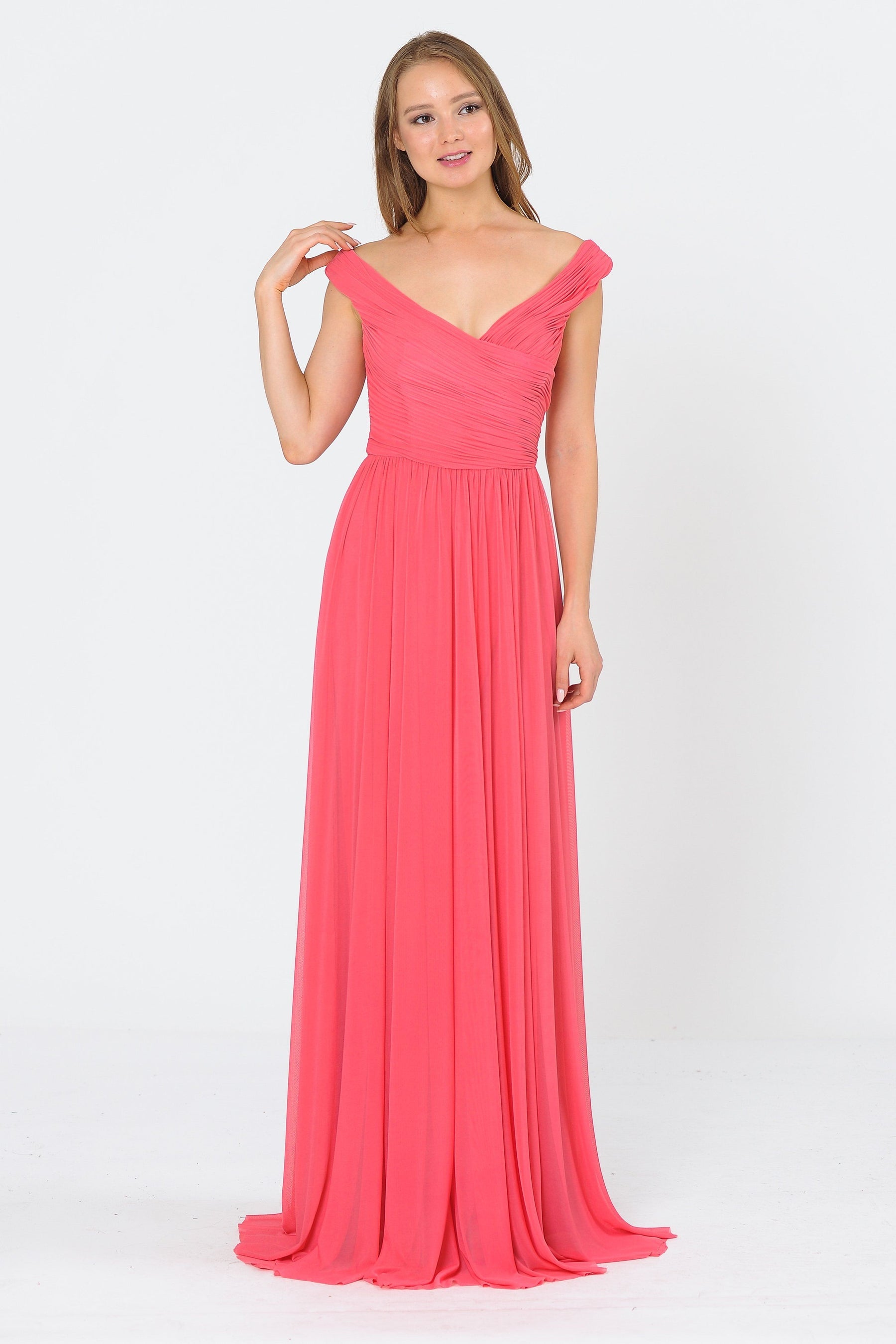 Coral Off-the-Shoulder Floor-Length Chiffon Formal Gown with Ruched Bodice Poly USA 8398