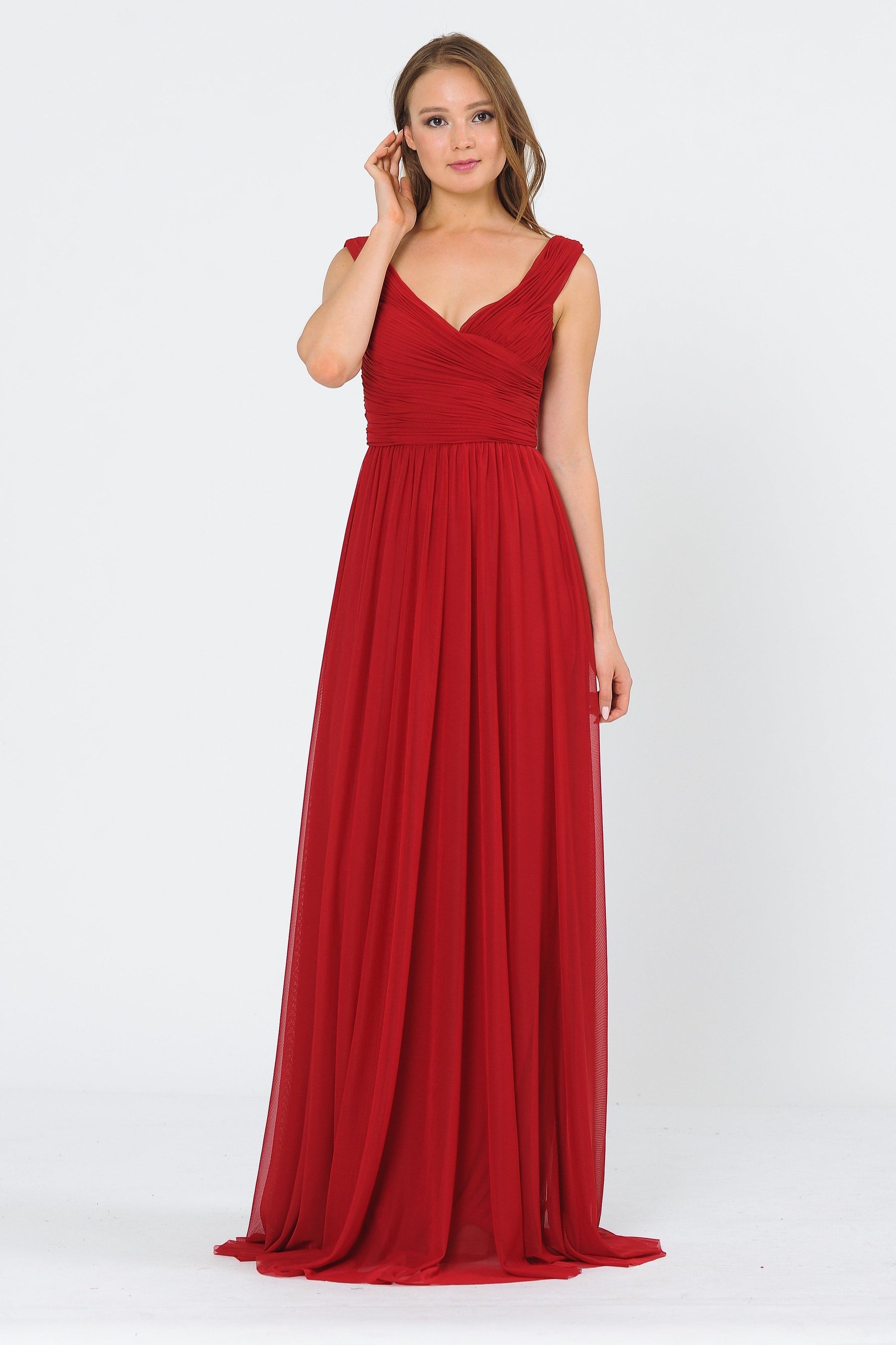Dark Red Off-the-Shoulder Floor-Length Chiffon Formal Gown with Ruched Bodice Poly USA 8398