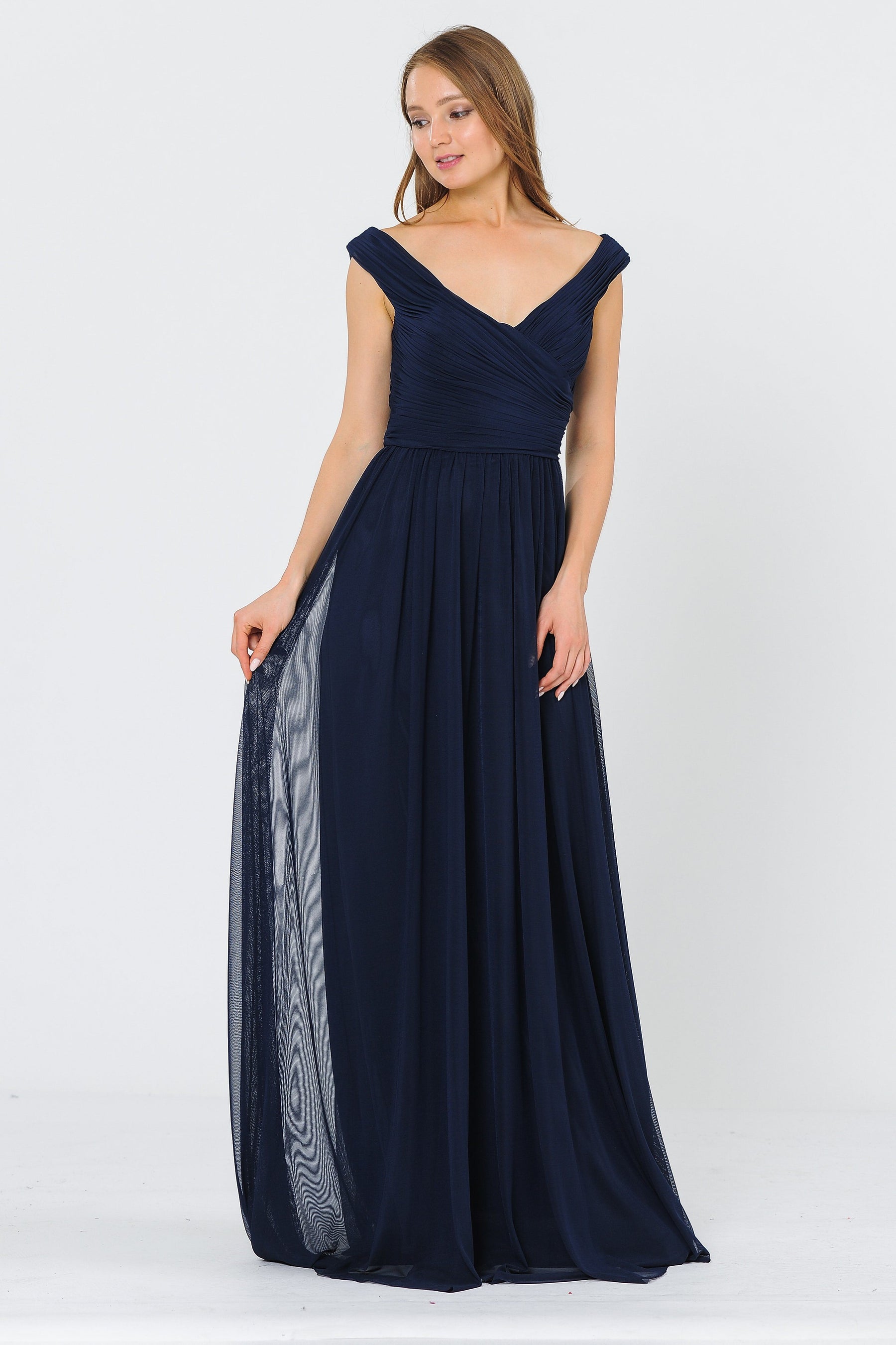 Navy Off-the-Shoulder Floor-Length Chiffon Formal Gown with Ruched Bodice Poly USA 8398