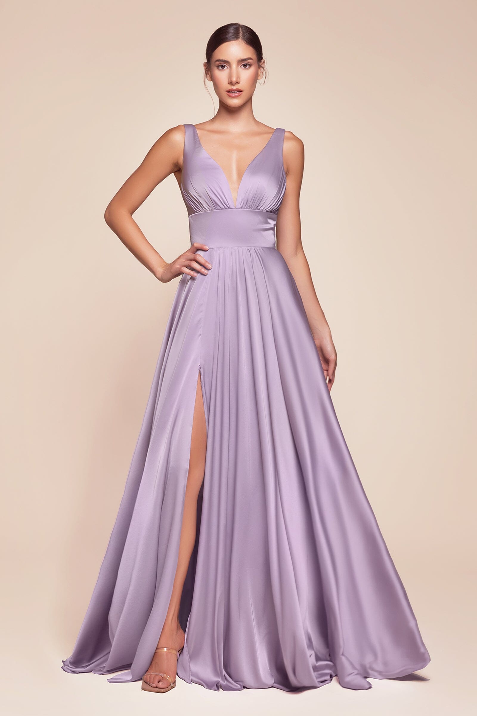 V-Neck Floor-Length Satin Occasion A-Line LaDivine 7469