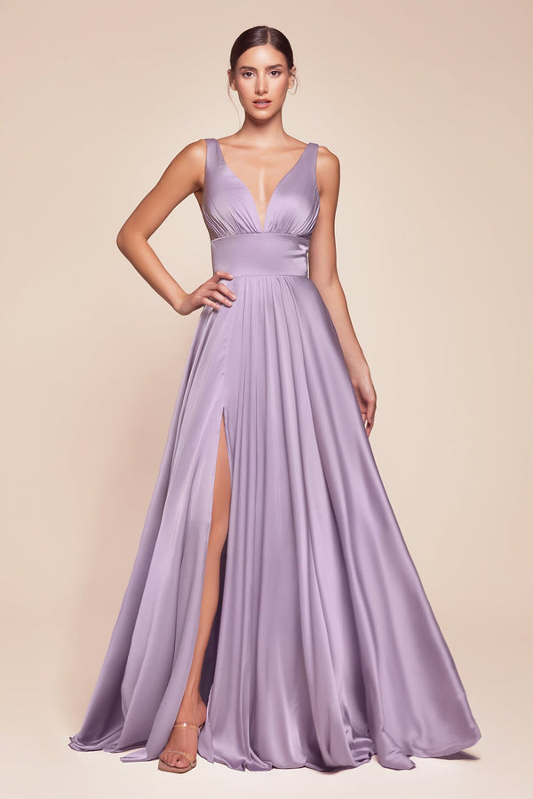 V-Neck Floor-Length Satin Occasion A-Line LaDivine 7469