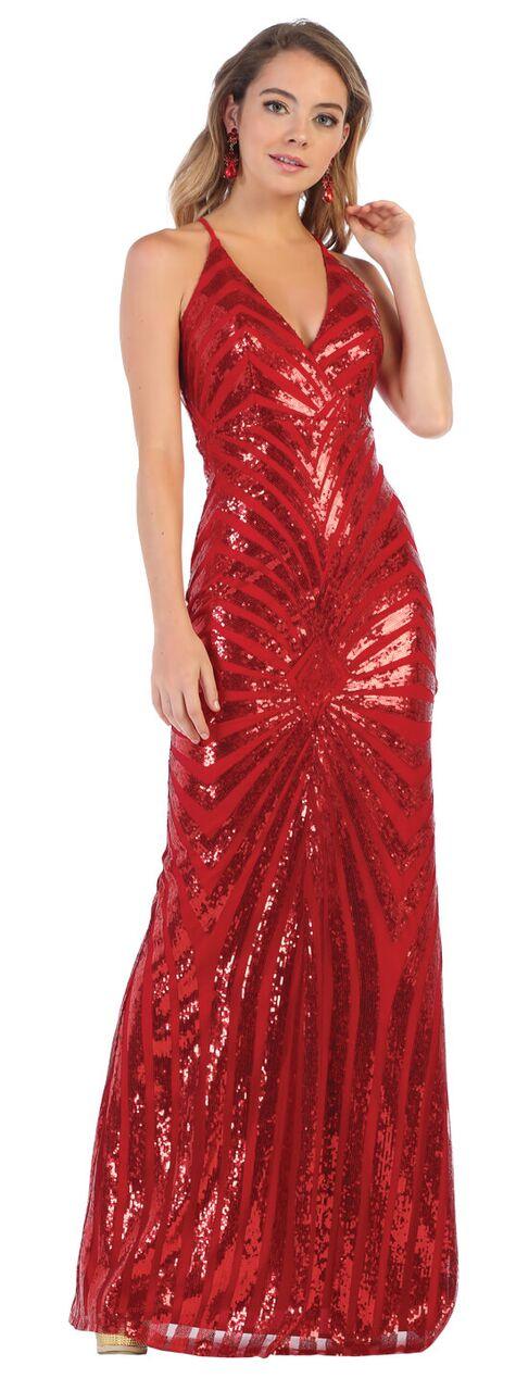 Long Sequin Deep V Neck Prom Formal Dress - The Dress Outlet May Queen