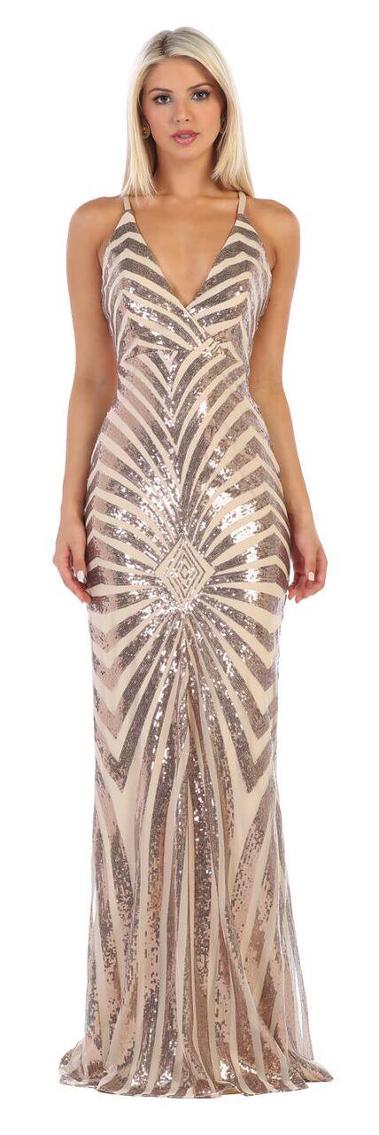 Long Sequin Deep V Neck Prom Formal Dress - The Dress Outlet May Queen