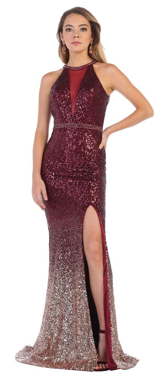 Long Sequin Halter Neck Prom Dress Formal Evening Gown - The Dress Outlet May Queen