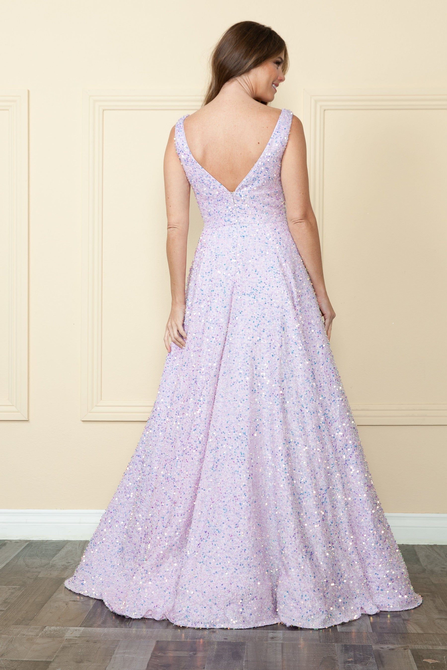 Lavender V-Neck Floor Length Velvet Prom Dress with Sweep Train A-line Formal Gown Poly USA 9168