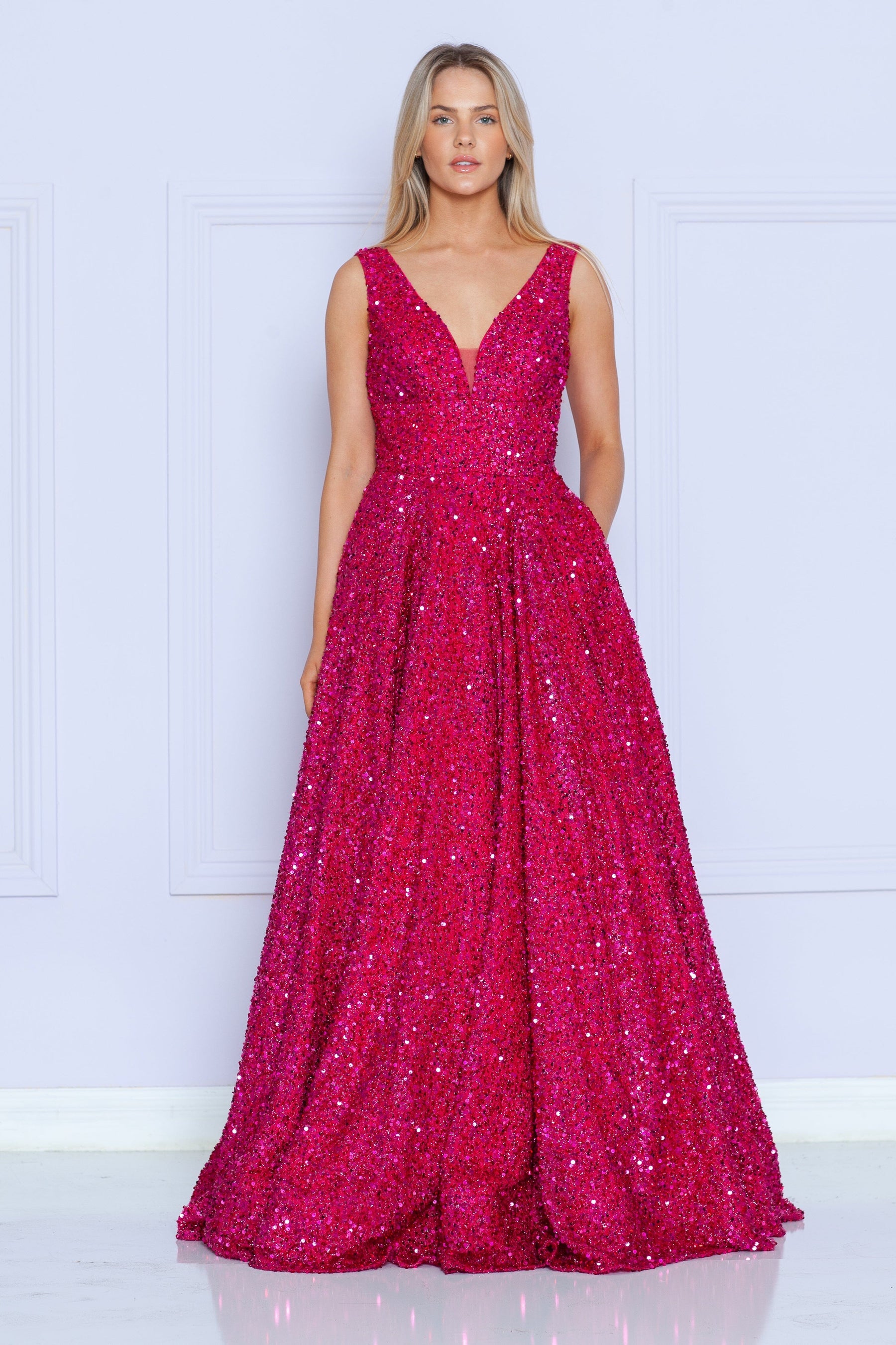 Red Berry V-Neck Floor Length Velvet Prom Dress with Sweep Train A-line Formal Gown Poly USA 9168