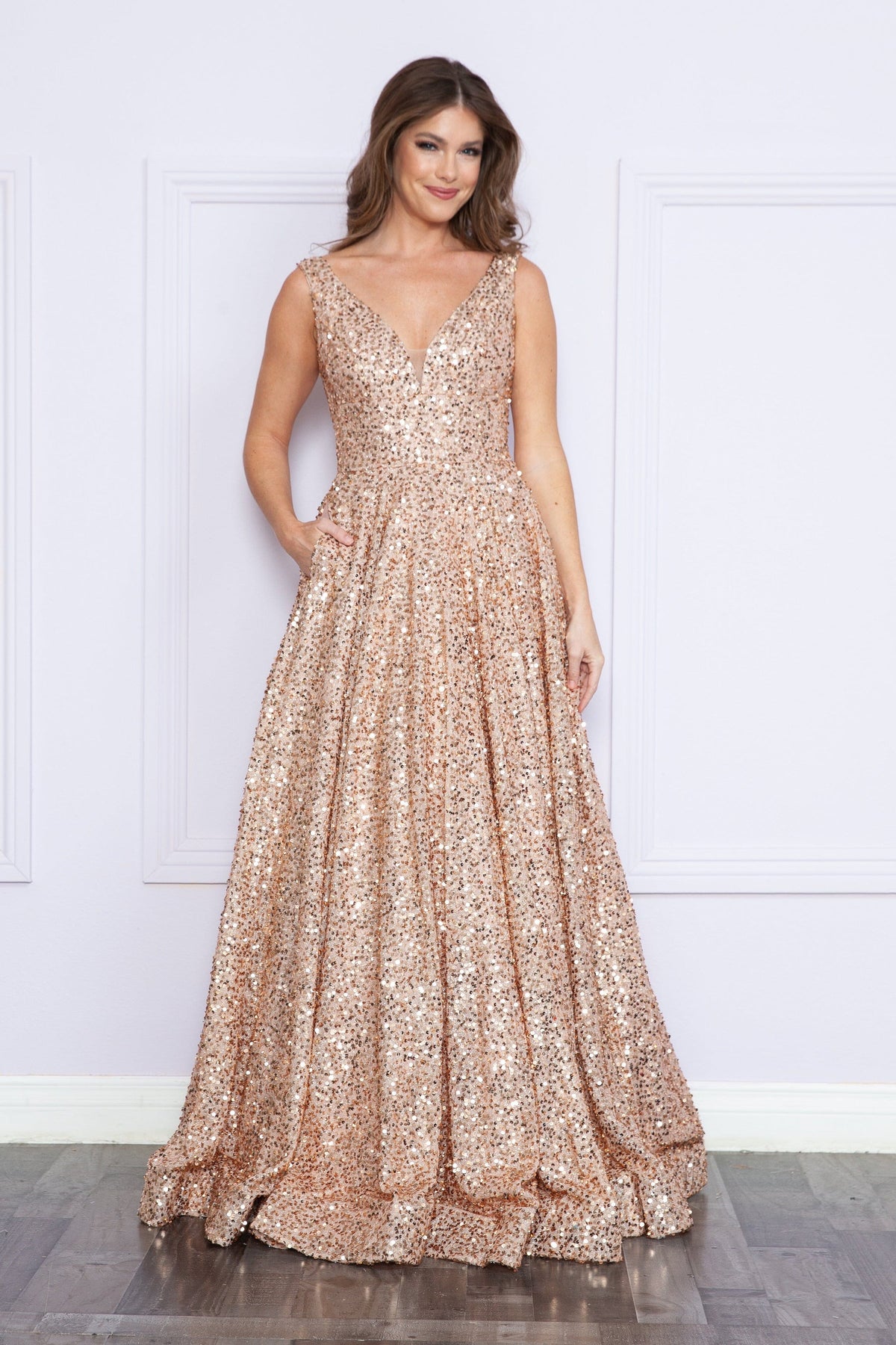 Rose Gold V-Neck Floor Length Velvet Prom Dress with Sweep Train A-line Formal Gown Poly USA 9168