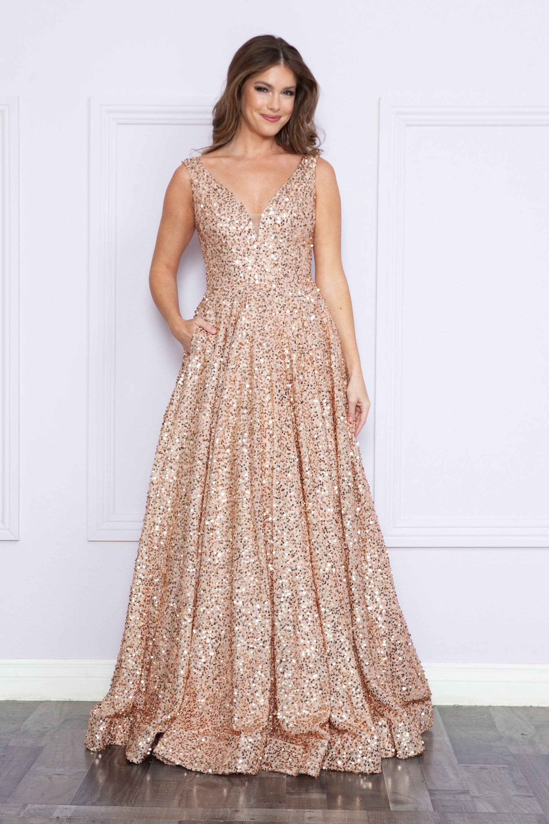 Rose Gold V-Neck Floor Length Velvet Prom Dress with Sweep Train A-line Formal Gown Poly USA 9168