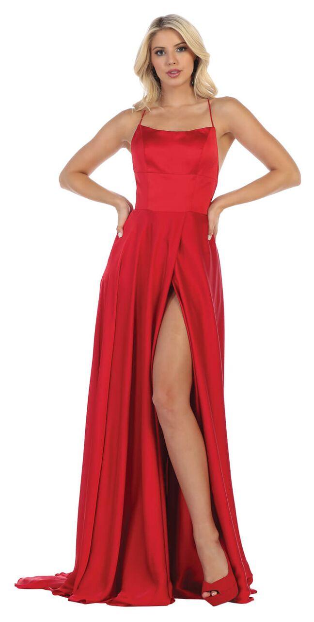 Long Sexy Slit Satin Open Back Prom Dress - The Dress Outlet May Queen