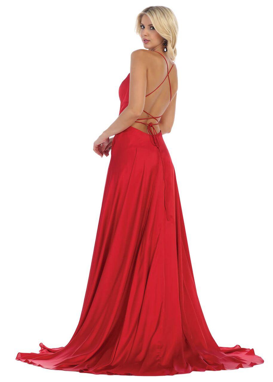 Long Sexy Slit Satin Open Back Prom Dress - The Dress Outlet May Queen