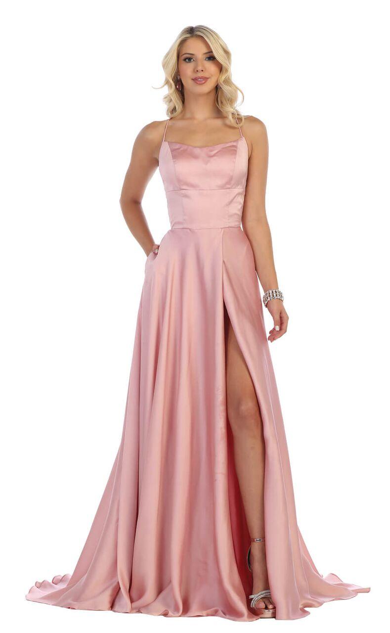 Long Sexy Slit Satin Open Back Prom Dress - The Dress Outlet May Queen