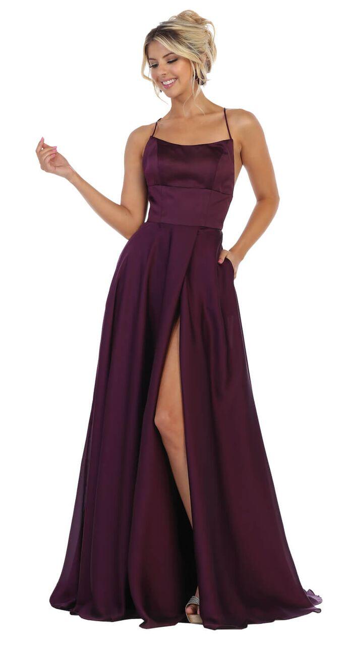 Long Sexy Slit Satin Open Back Prom Dress - The Dress Outlet May Queen