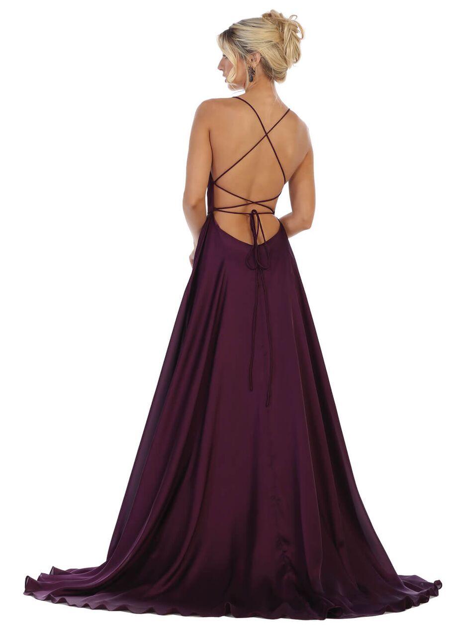 Long Sexy Slit Satin Open Back Prom Dress - The Dress Outlet May Queen