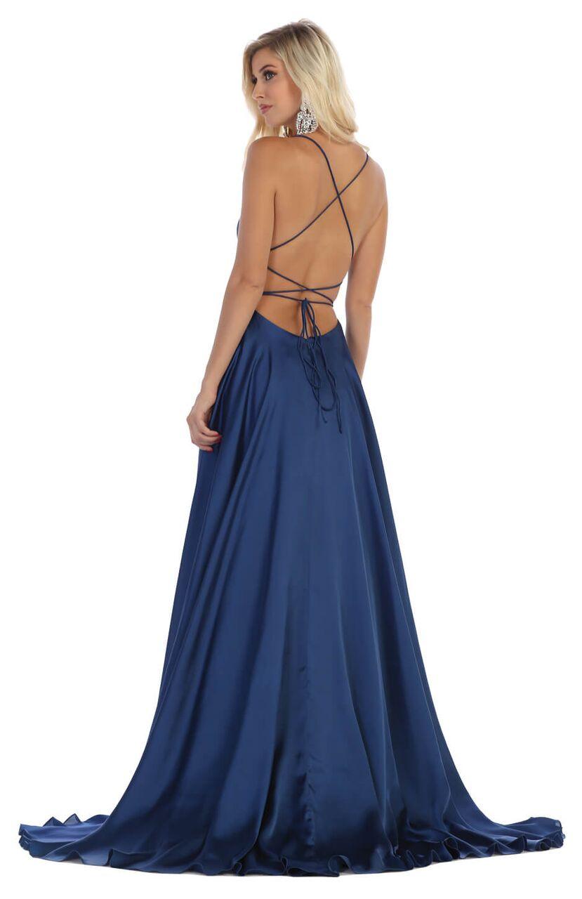 Long Sexy Slit Satin Open Back Prom Dress - The Dress Outlet May Queen