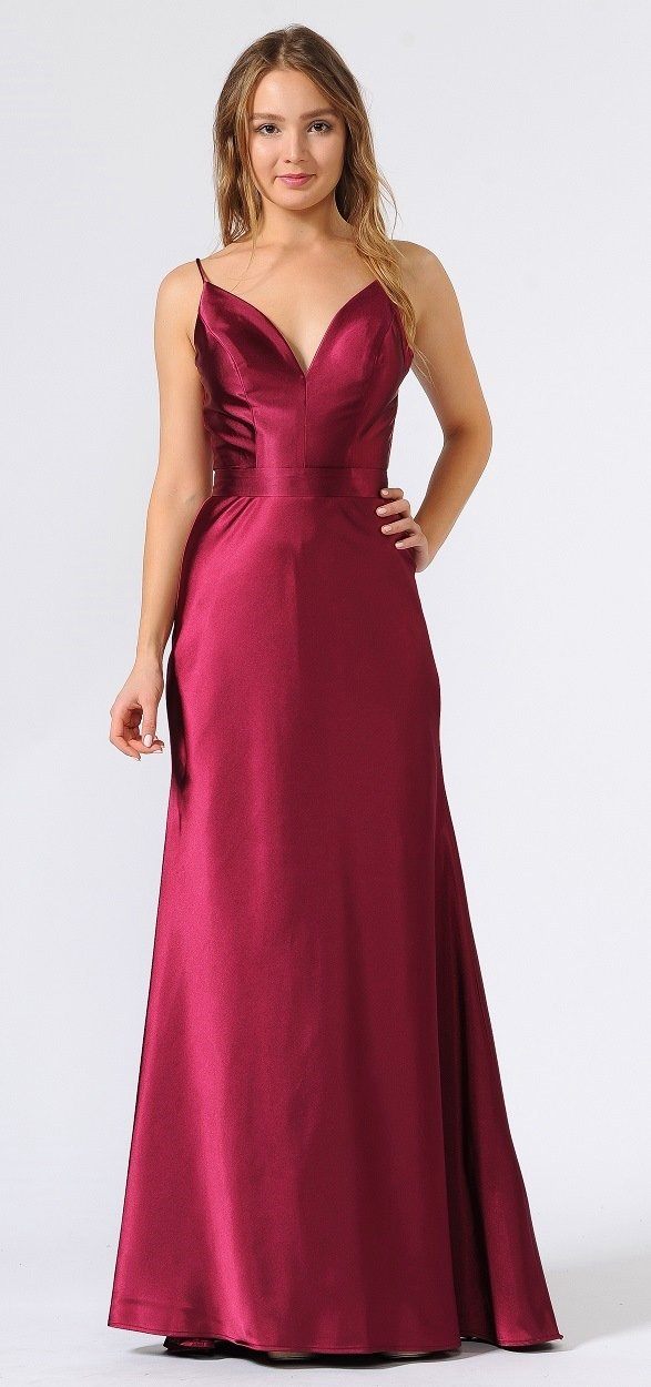 Cherry V-Neck Floor-Length Satin Prom Dress with Spaghetti Straps Poly USA 9028