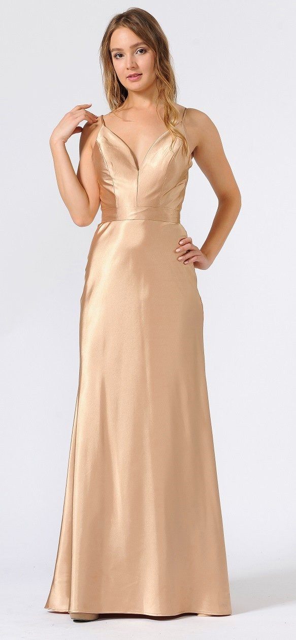 Gold V-Neck Floor-Length Satin Prom Dress with Spaghetti Straps Poly USA 9028