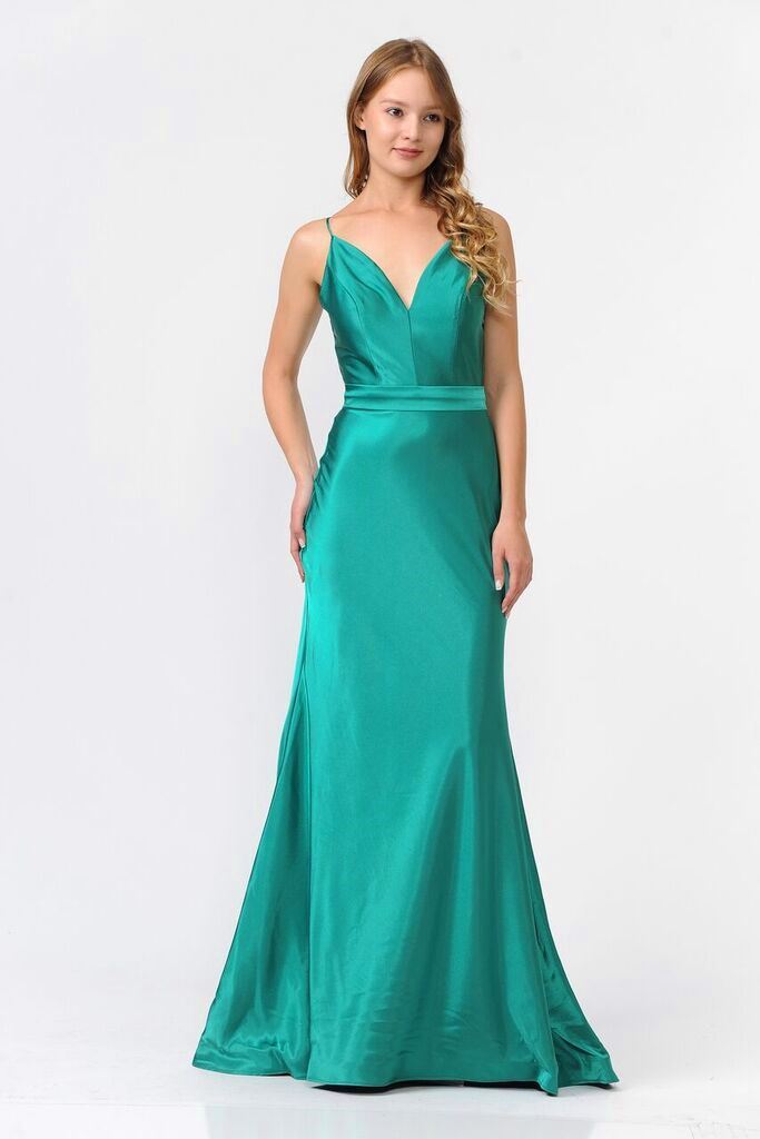 Green V-Neck Floor-Length Satin Prom Dress with Spaghetti Straps Poly USA 9028