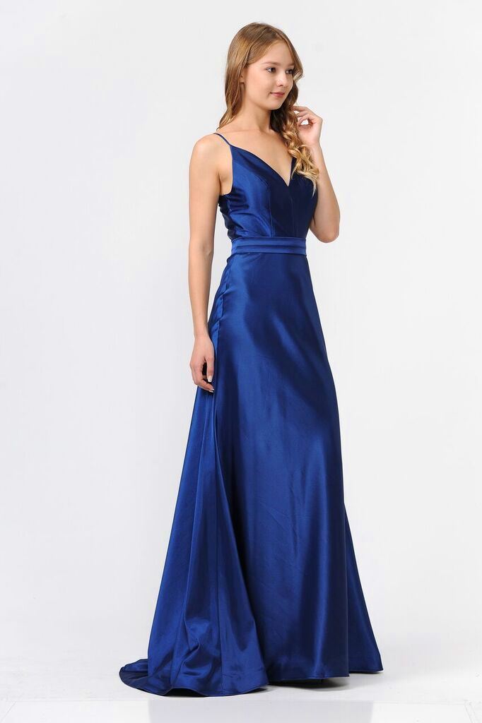 Navy V-Neck Floor-Length Satin Prom Dress with Spaghetti Straps Poly USA 9028