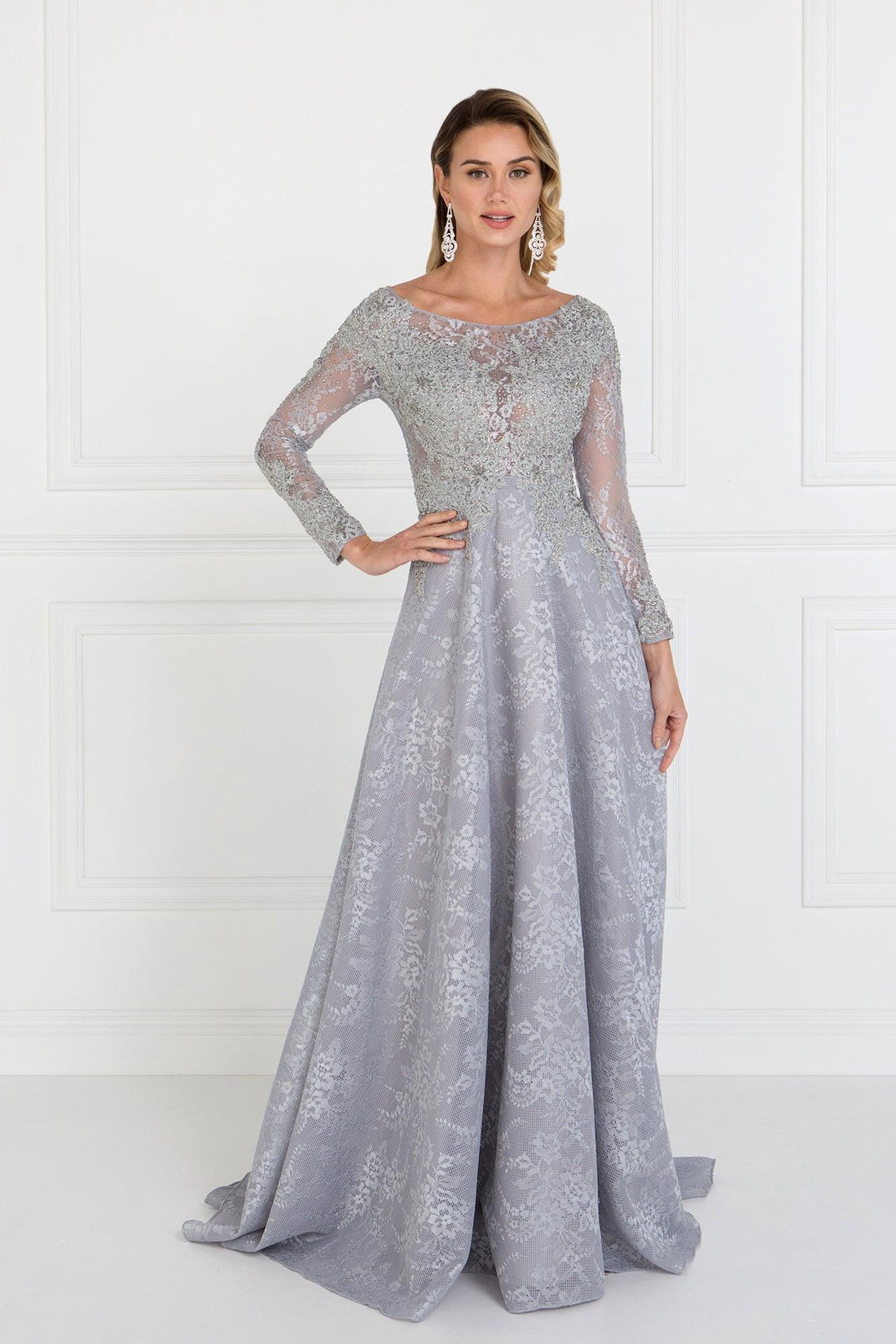 Silver Long Sleeve Formal Lace Dress