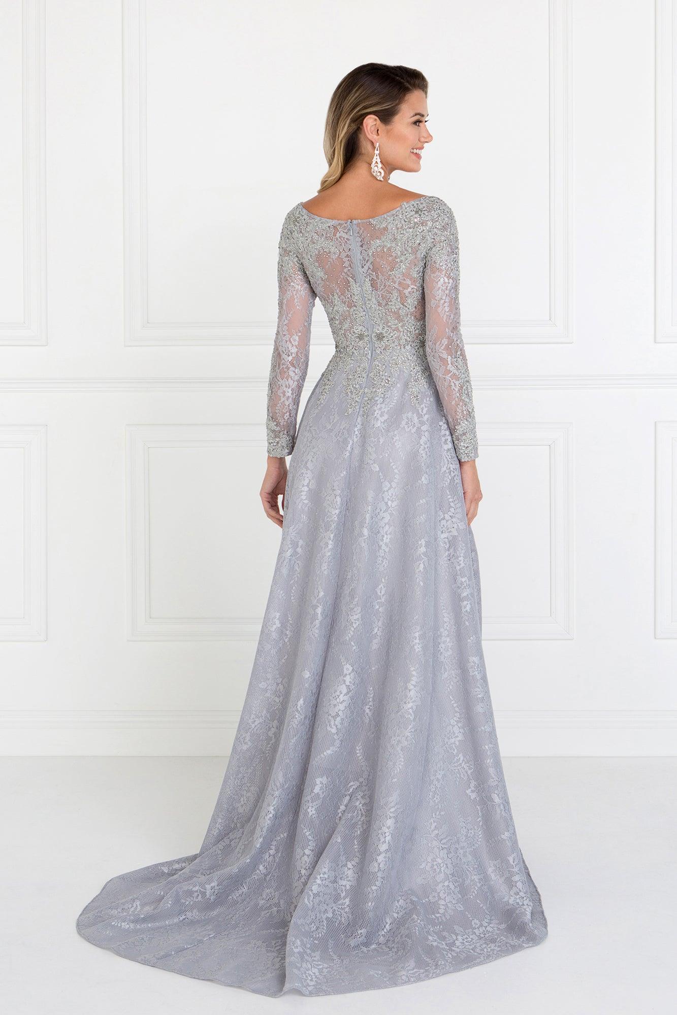 Silver Long Sleeve Formal Lace Dress