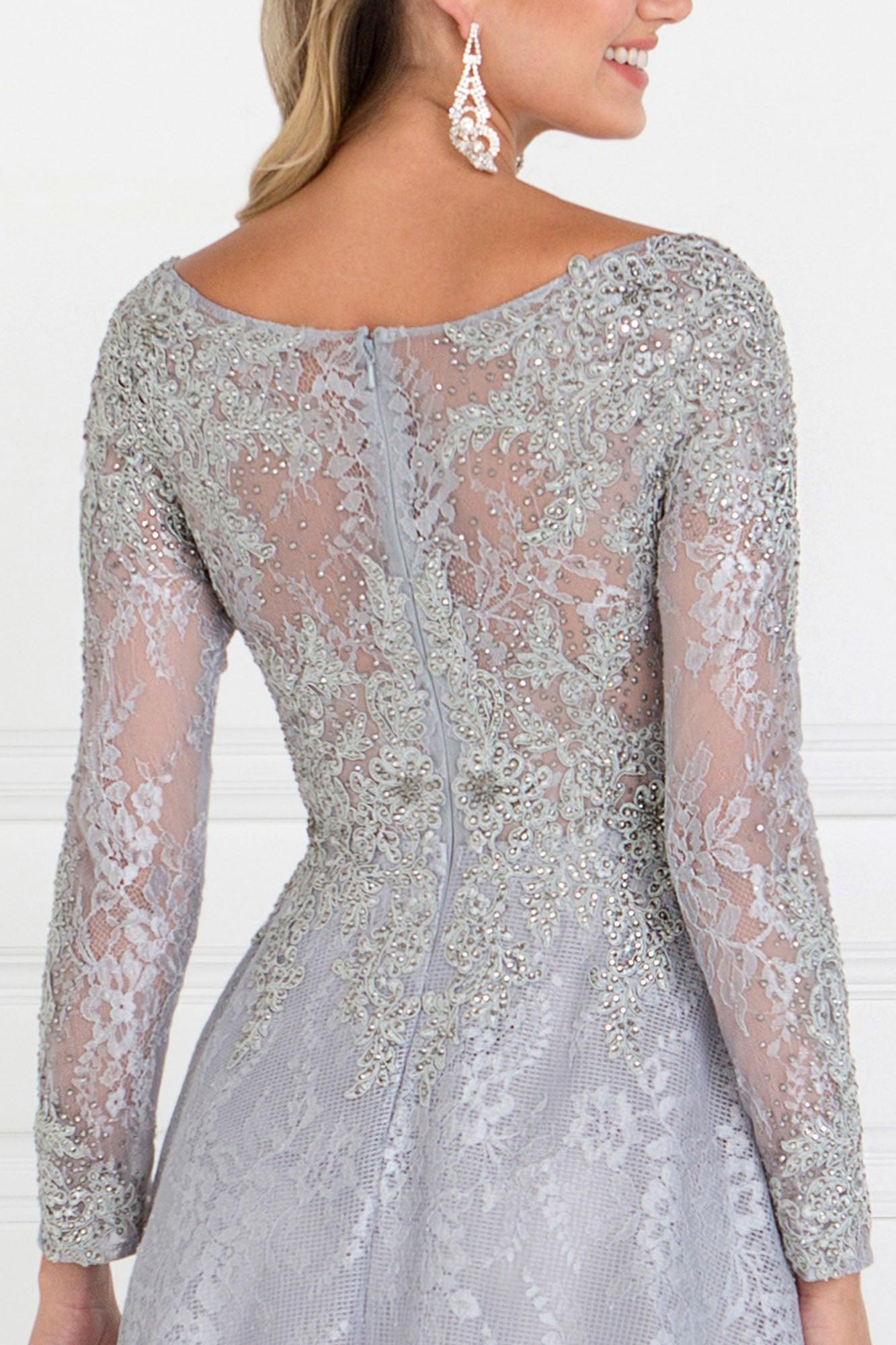 Silver Long Sleeve Formal Lace Dress